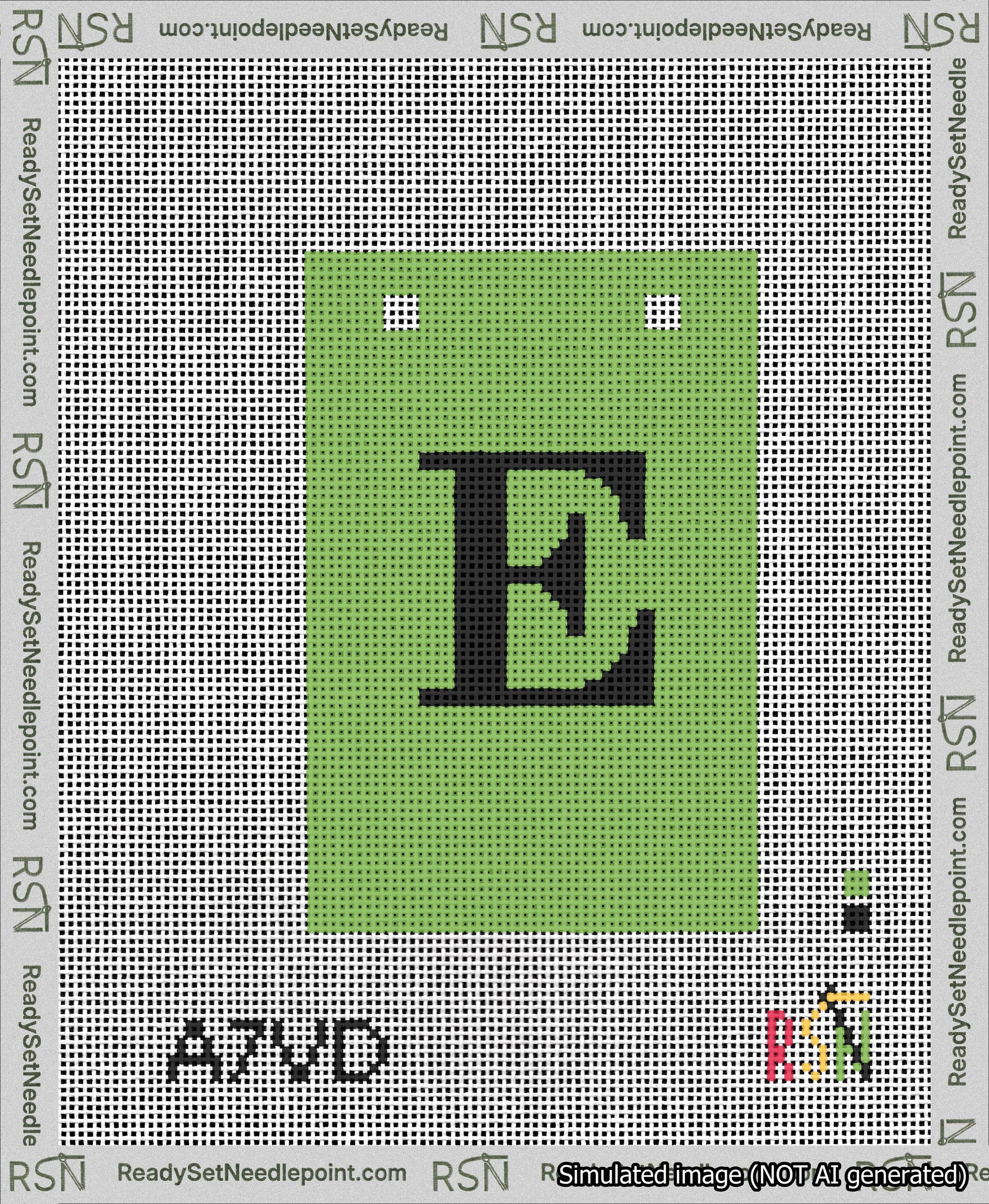 A taped needlepoint canvas with the design: Banner 13 mesh count Squared E Black on Light Green.