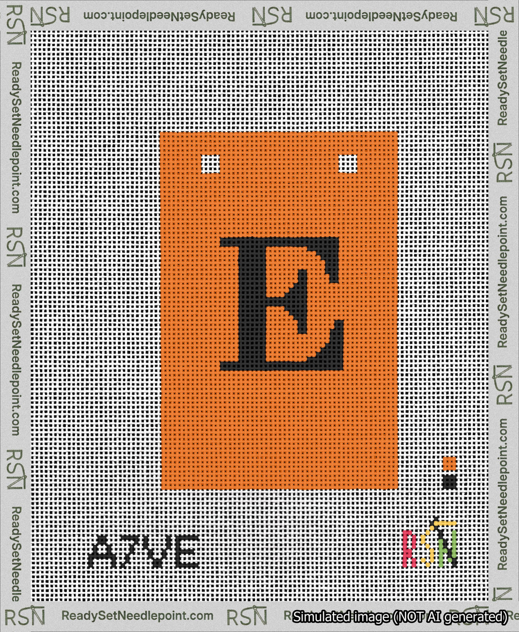 A taped needlepoint canvas with the design: Banner 13 mesh count Squared E Black on Orange.