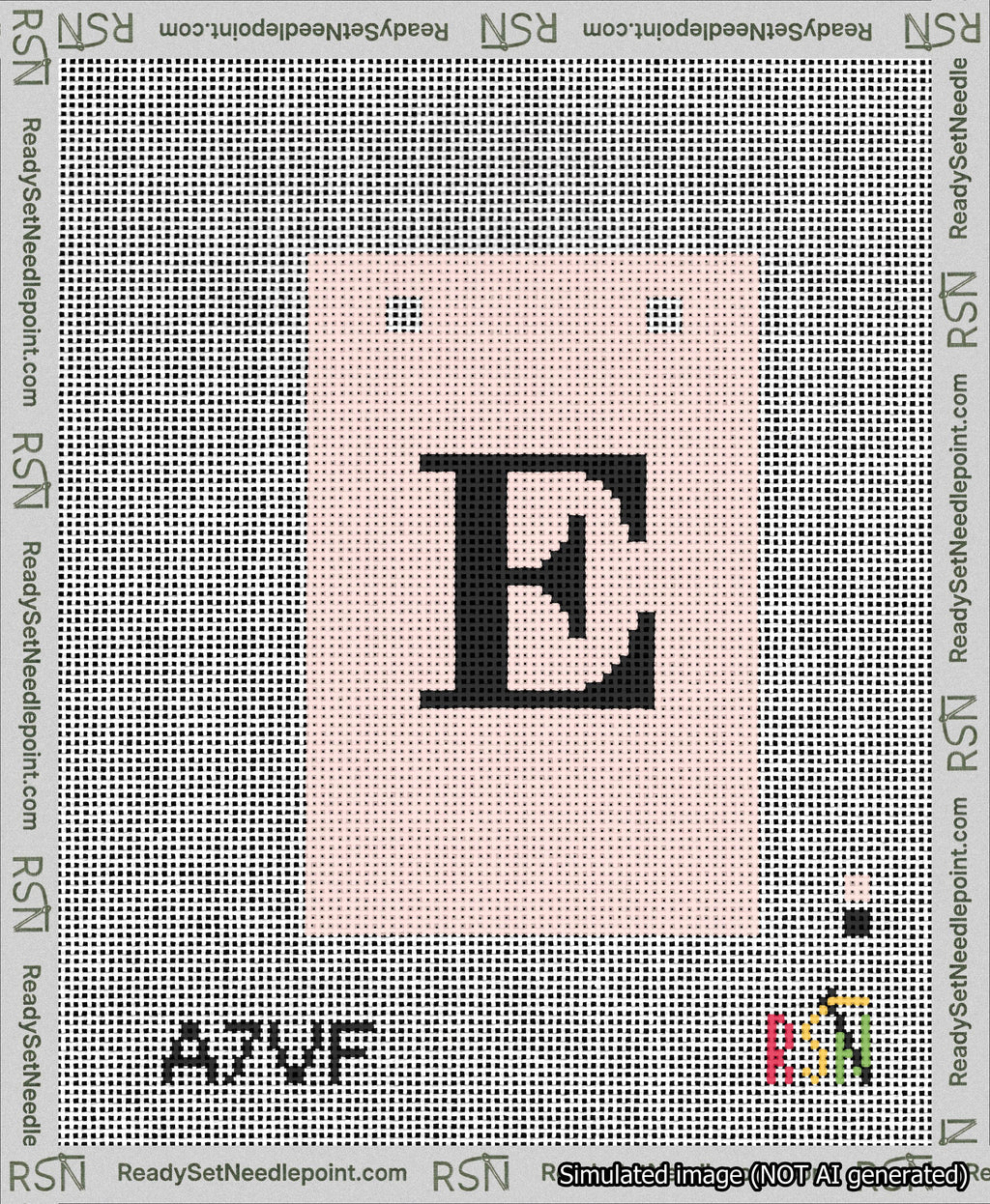 A taped needlepoint canvas with the design: Banner 13 mesh count Squared E Black on Pink.