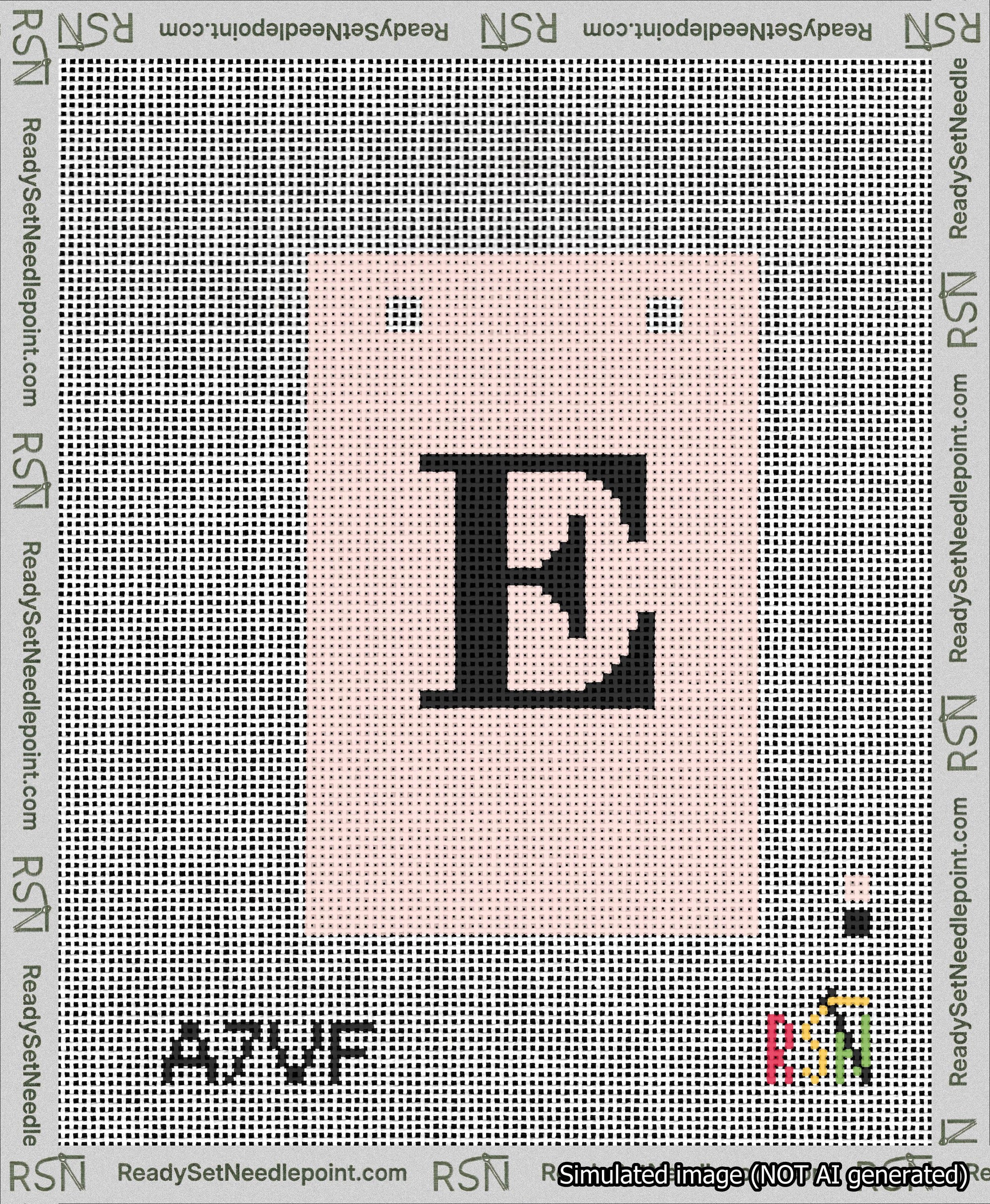 A taped needlepoint canvas with the design: Banner 13 mesh count Squared E Black on Pink.