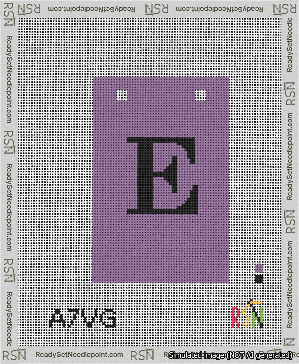 A taped needlepoint canvas with the design: Banner 13 mesh count Squared E Black on Purple.