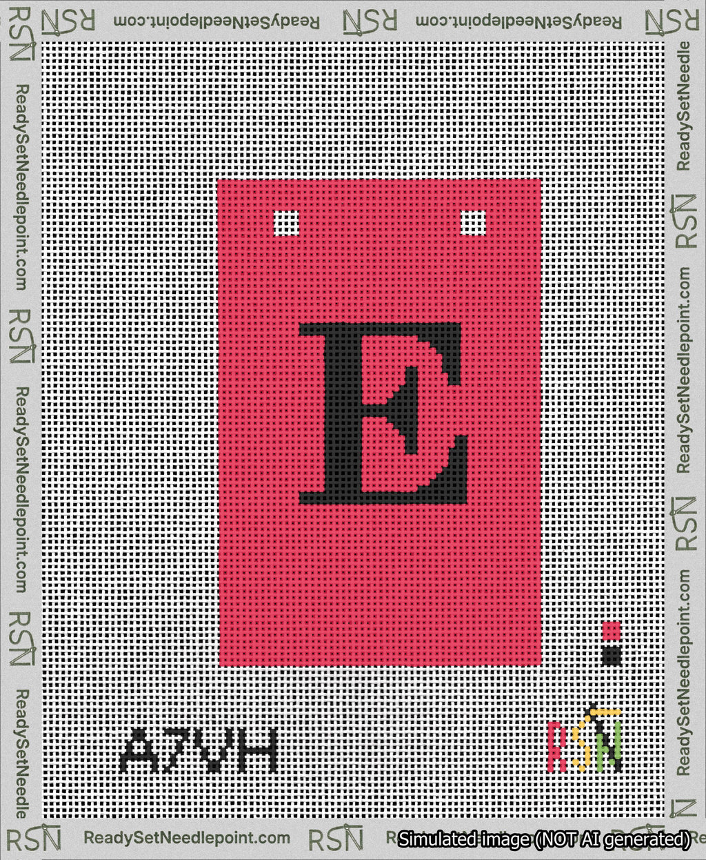 A taped needlepoint canvas with the design: Banner 13 mesh count Squared E Black on Red.
