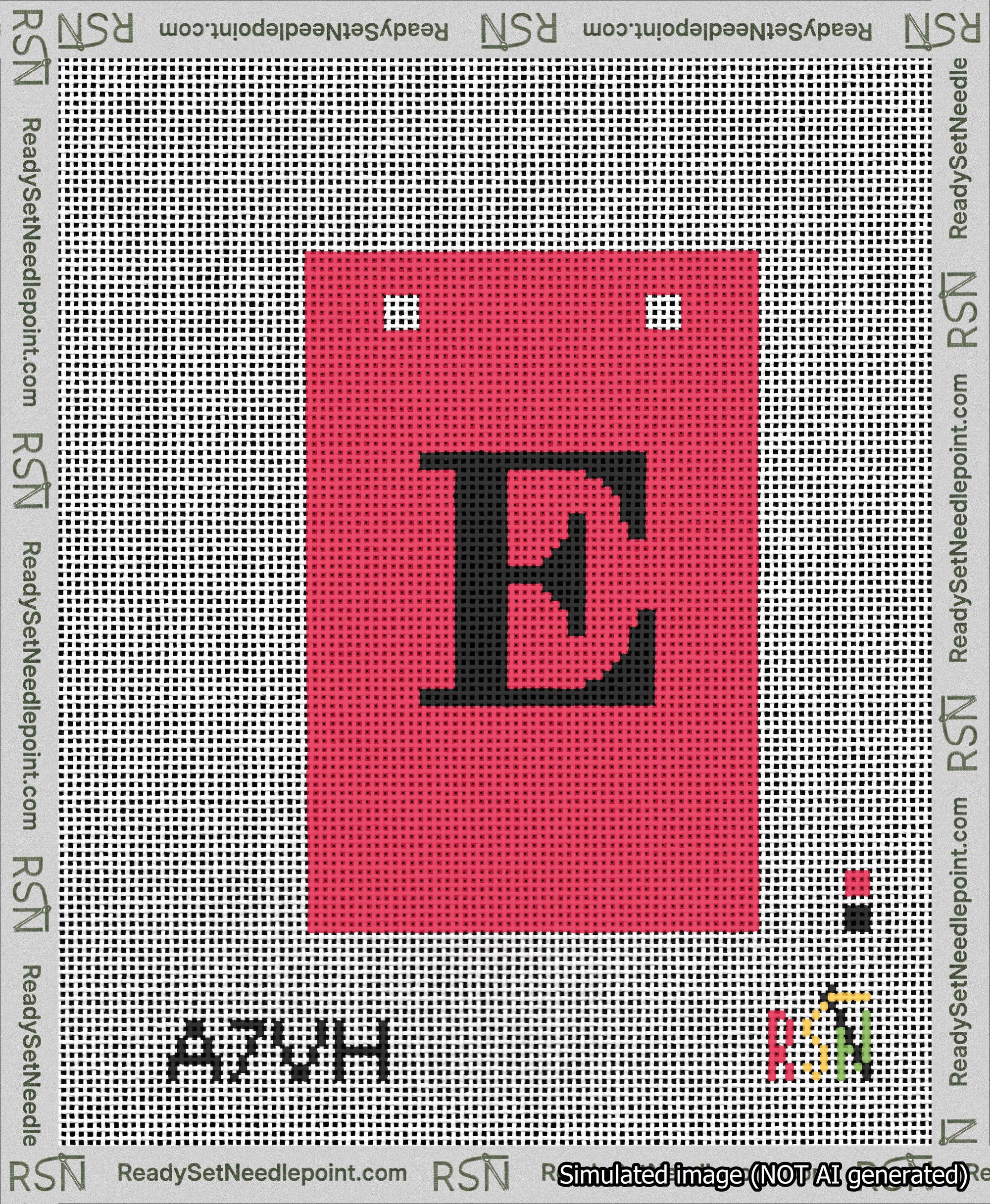 A taped needlepoint canvas with the design: Banner 13 mesh count Squared E Black on Red.