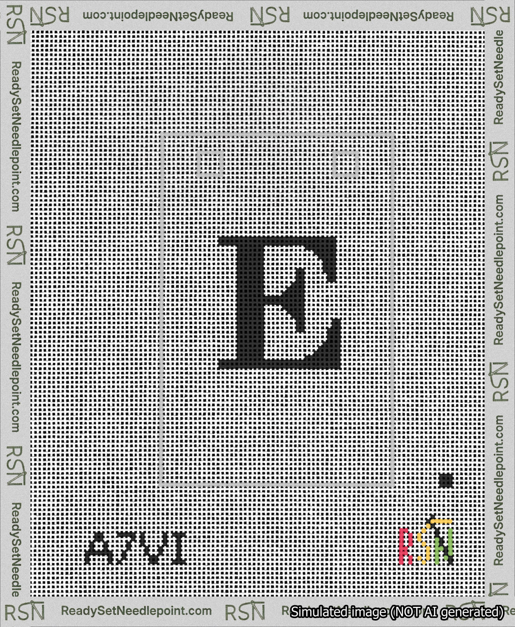A taped needlepoint canvas with the design: Banner 13 mesh count Squared E Black on White.