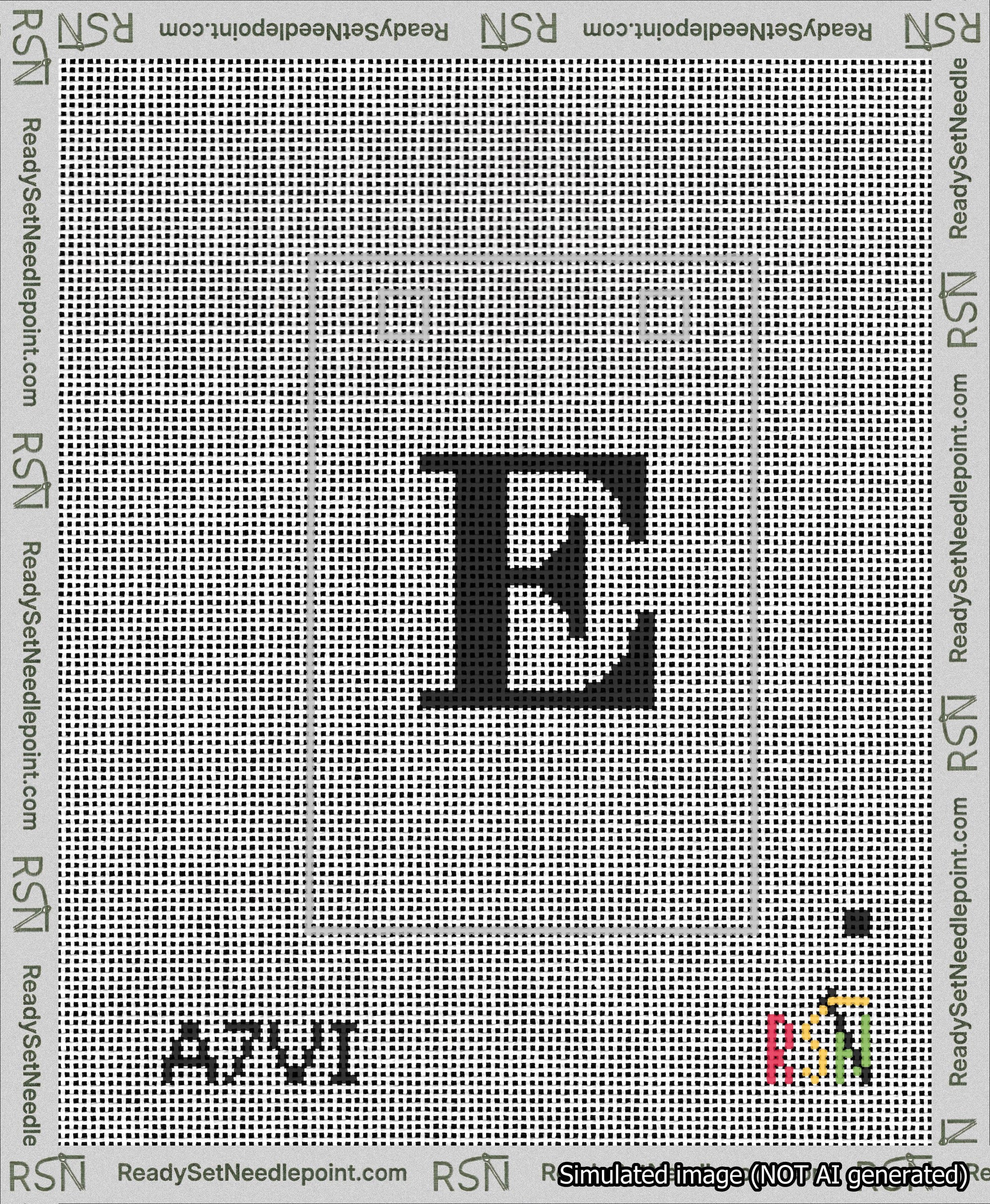 A taped needlepoint canvas with the design: Banner 13 mesh count Squared E Black on White.
