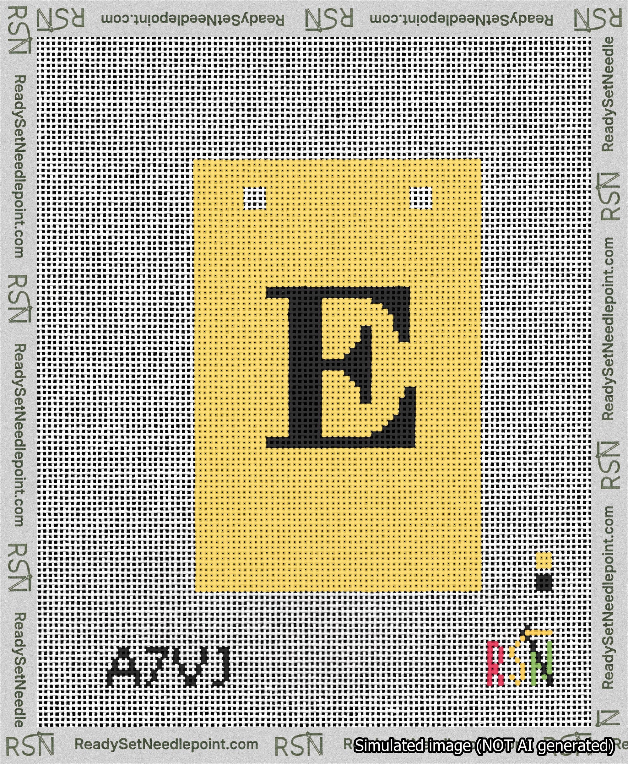 A taped needlepoint canvas with the design: Banner 13 mesh count Squared E Black on Yellow.