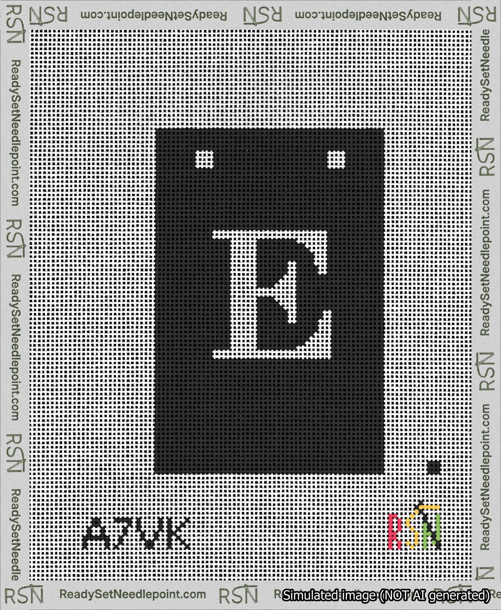 A taped needlepoint canvas with the design: Banner 13 mesh count Squared E White on Black.