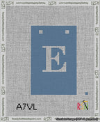 A taped needlepoint canvas with the design: Banner 13 mesh count Squared E White on Blue.