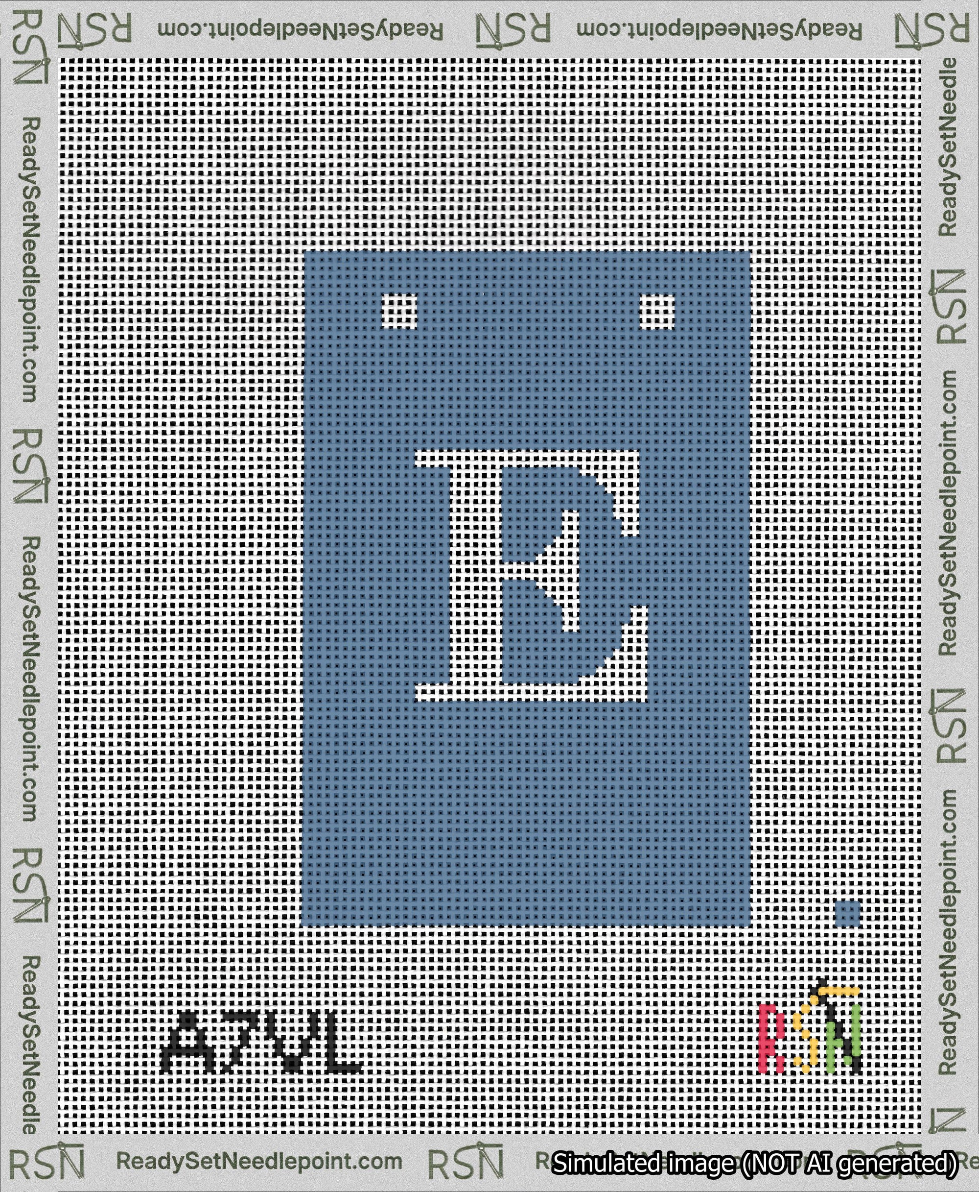 A taped needlepoint canvas with the design: Banner 13 mesh count Squared E White on Blue.