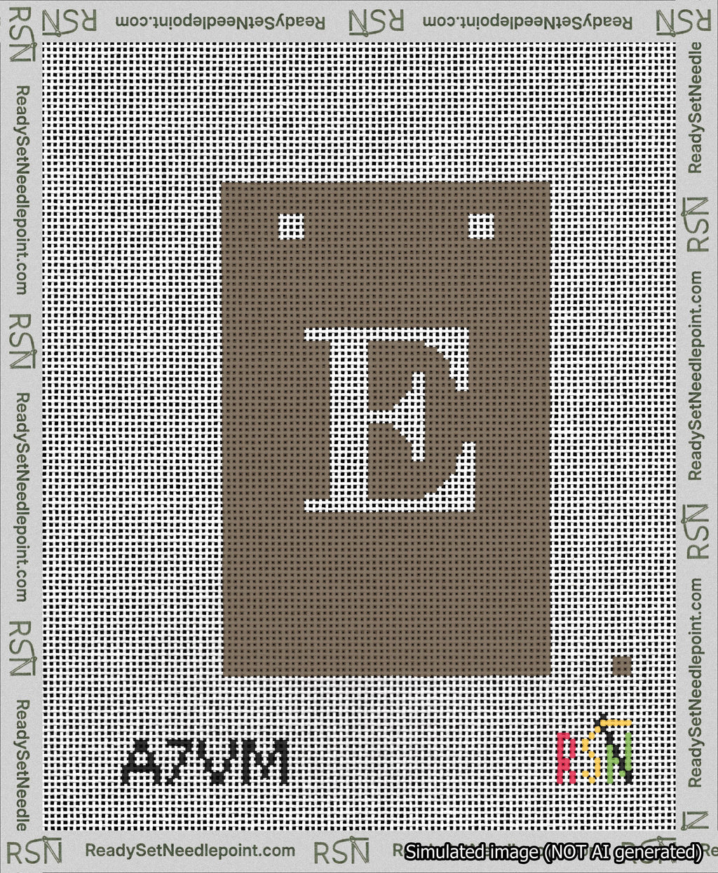 A taped needlepoint canvas with the design: Banner 13 mesh count Squared E White on Brown.
