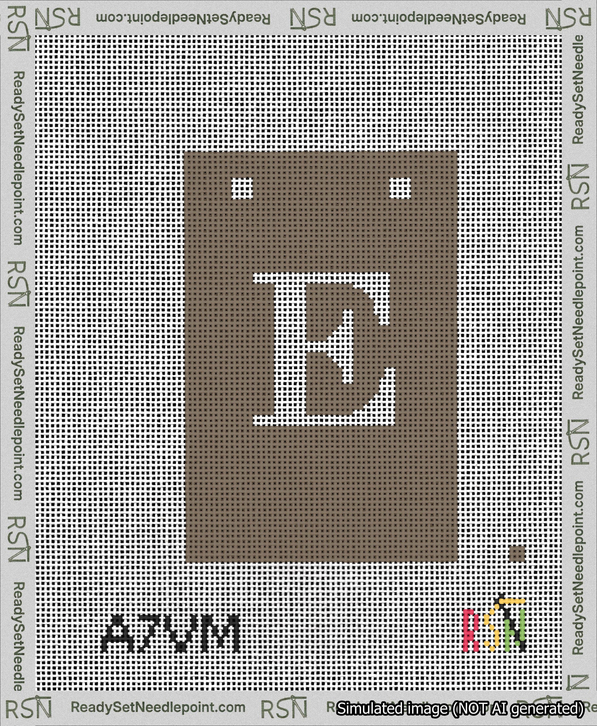A taped needlepoint canvas with the design: Banner 13 mesh count Squared E White on Brown.