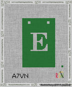 A taped needlepoint canvas with the design: Banner 13 mesh count Squared E White on Green.