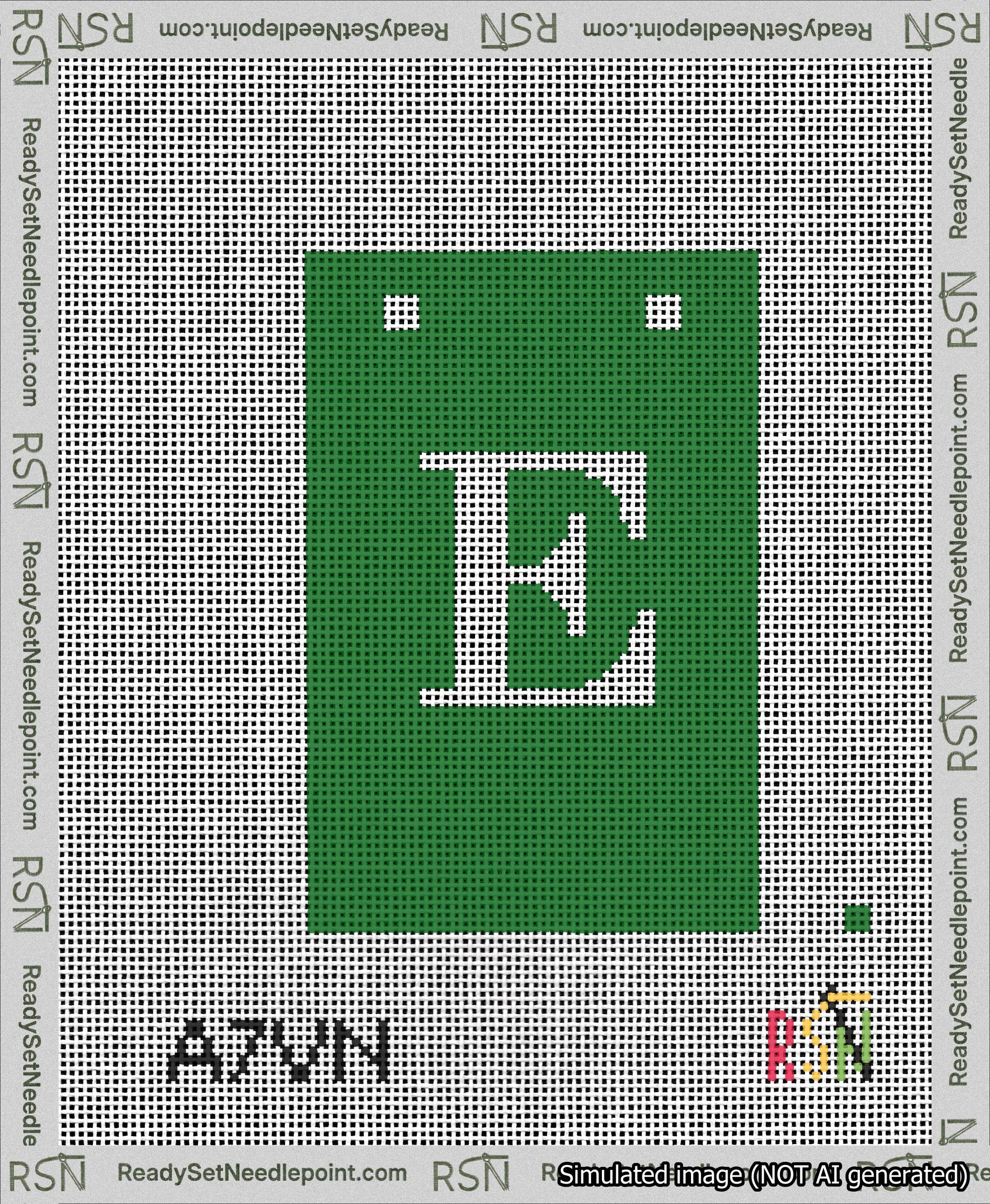 A taped needlepoint canvas with the design: Banner 13 mesh count Squared E White on Green.