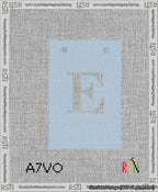 A taped needlepoint canvas with the design: Banner 13 mesh count Squared E White on Light Blue.
