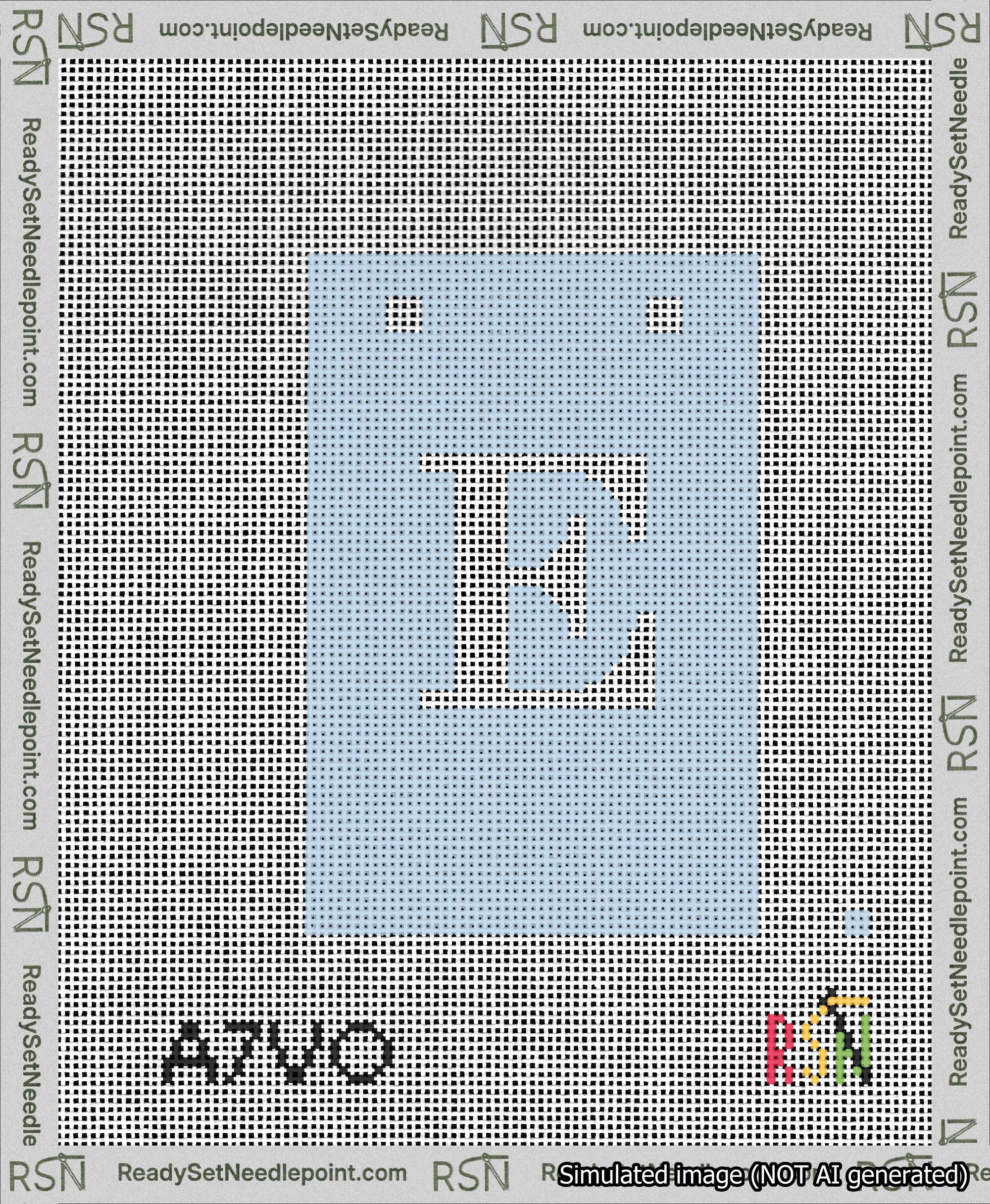 A taped needlepoint canvas with the design: Banner 13 mesh count Squared E White on Light Blue.