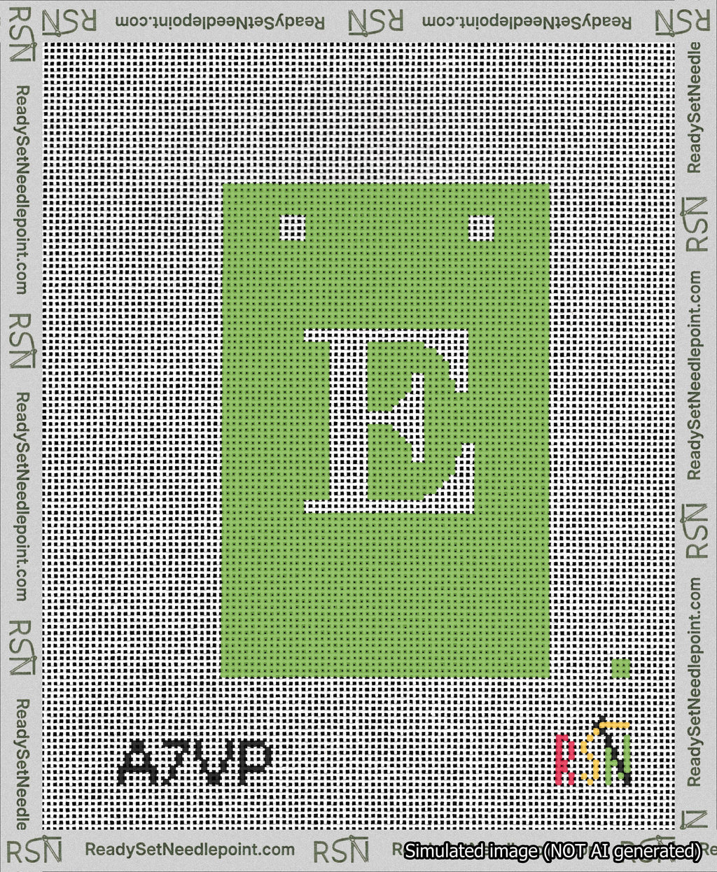 A taped needlepoint canvas with the design: Banner 13 mesh count Squared E White on Light Green.