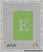 A taped needlepoint canvas with the design: Banner 13 mesh count Squared E White on Light Green.