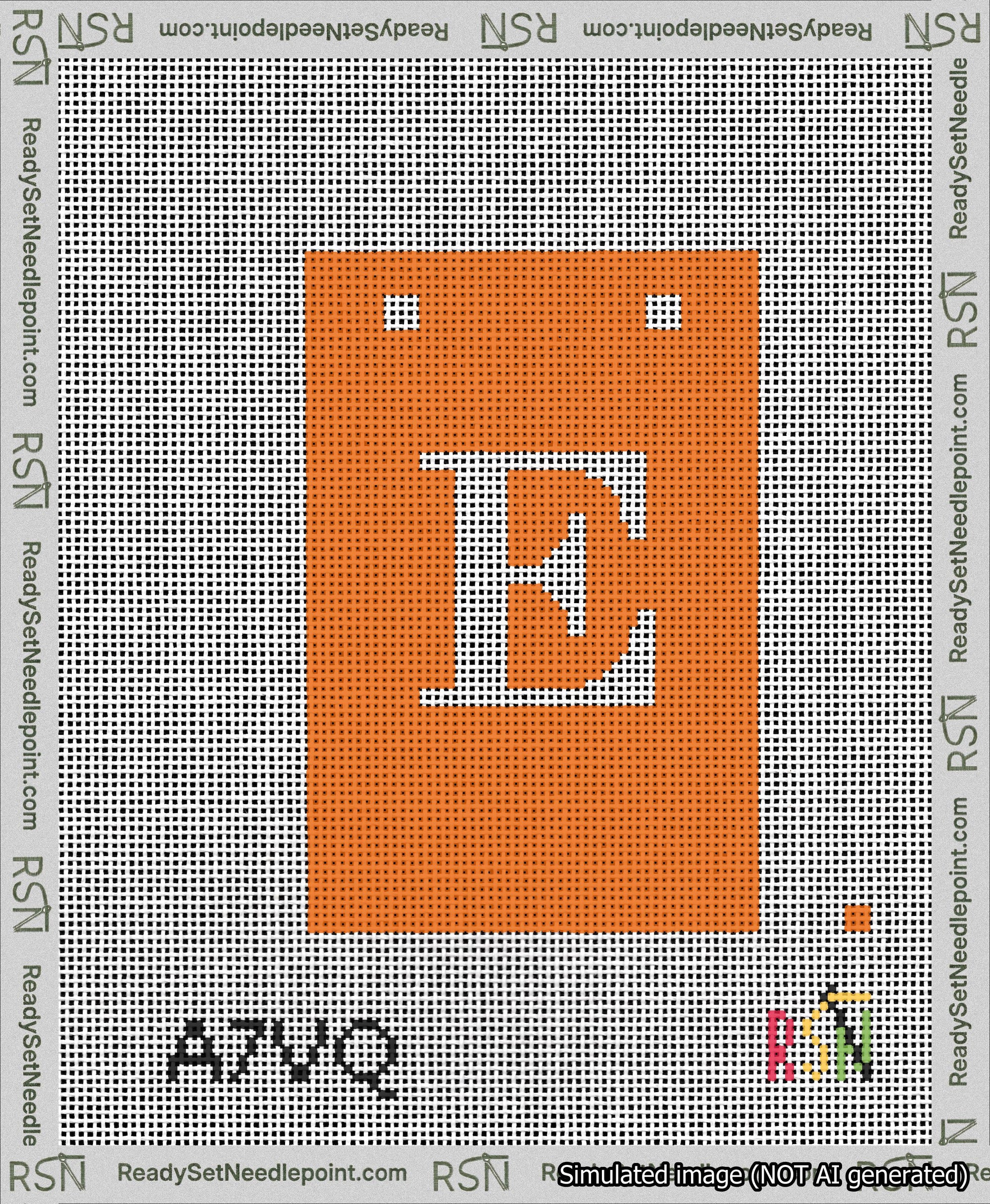 A taped needlepoint canvas with the design: Banner 13 mesh count Squared E White on Orange.