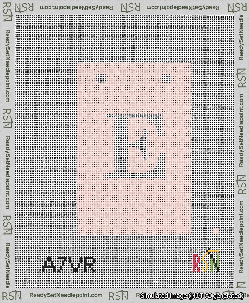 A taped needlepoint canvas with the design: Banner 13 mesh count Squared E White on Pink.