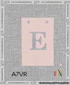 A taped needlepoint canvas with the design: Banner 13 mesh count Squared E White on Pink.