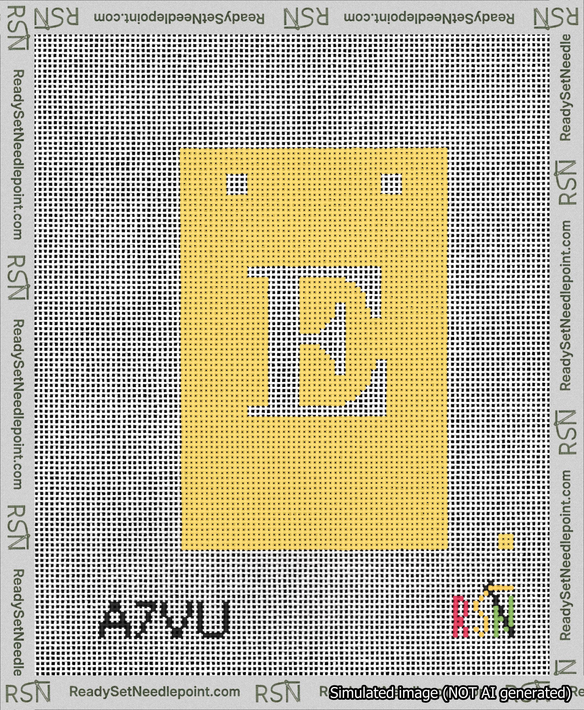A taped needlepoint canvas with the design: Banner 13 mesh count Squared E White on Yellow.