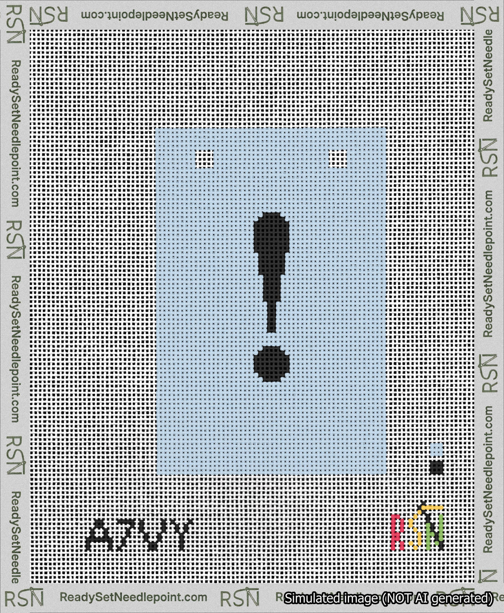 A taped needlepoint canvas with the design: Banner 13 mesh count Squared Exclamation Black on Light Blue.