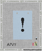 A taped needlepoint canvas with the design: Banner 13 mesh count Squared Exclamation Black on Light Blue.