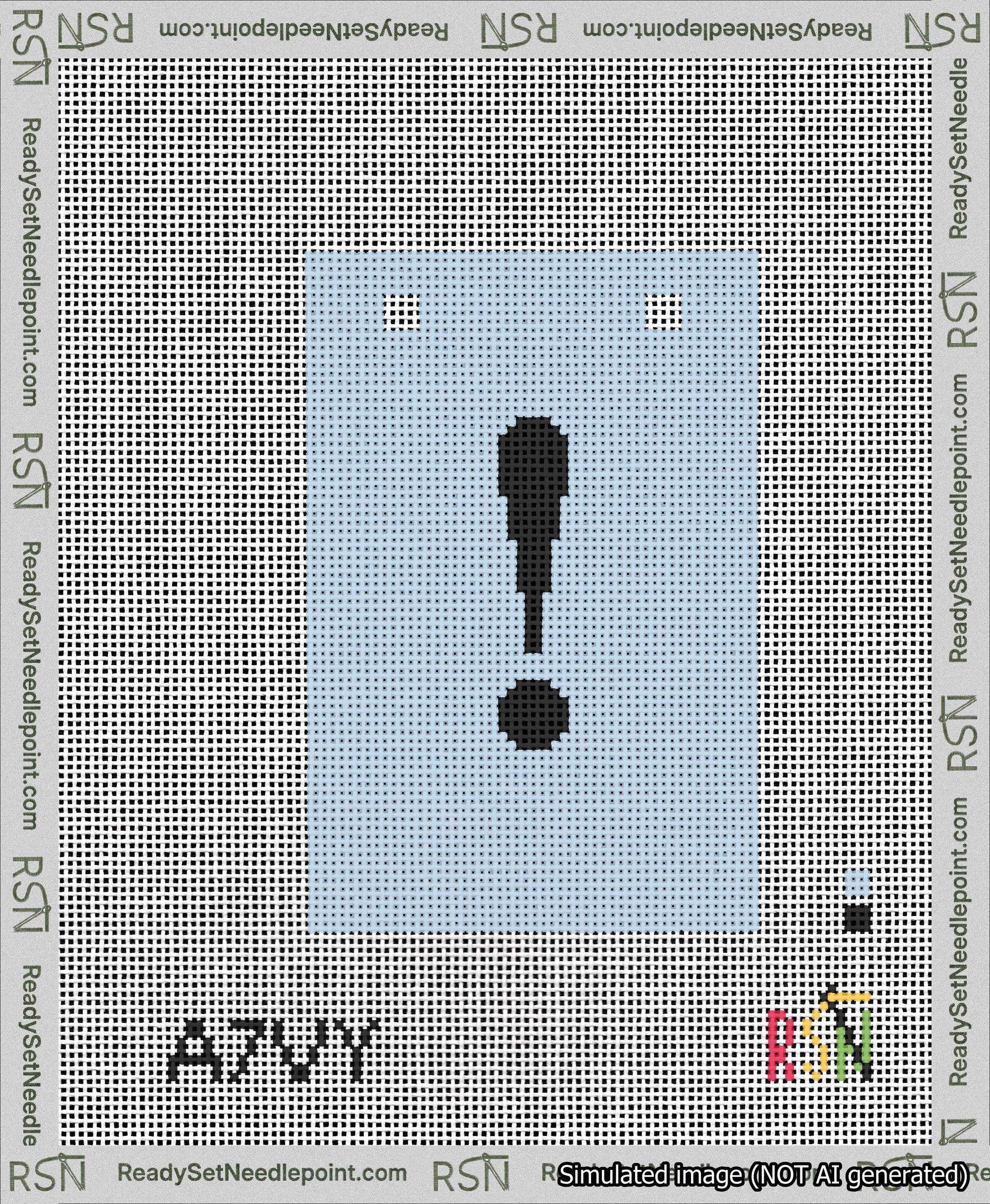 A taped needlepoint canvas with the design: Banner 13 mesh count Squared Exclamation Black on Light Blue.