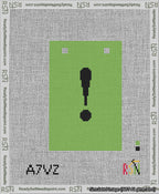 A taped needlepoint canvas with the design: Banner 13 mesh count Squared Exclamation Black on Light Green.
