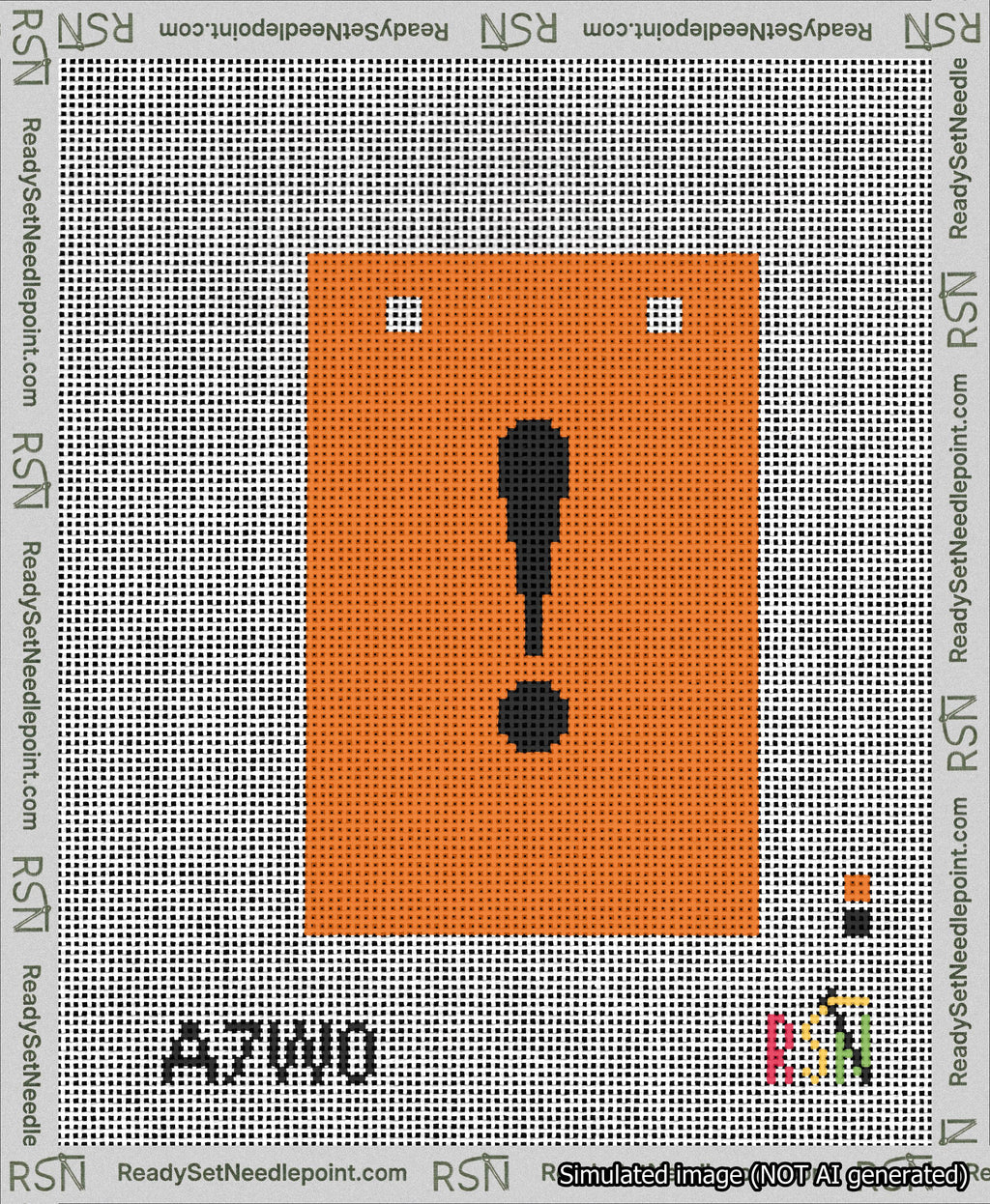 A taped needlepoint canvas with the design: Banner 13 mesh count Squared Exclamation Black on Orange.