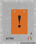 A taped needlepoint canvas with the design: Banner 13 mesh count Squared Exclamation Black on Orange.