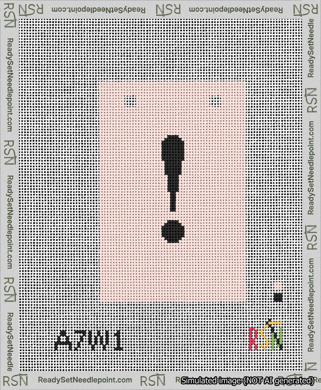 A taped needlepoint canvas with the design: Banner 13 mesh count Squared Exclamation Black on Pink.