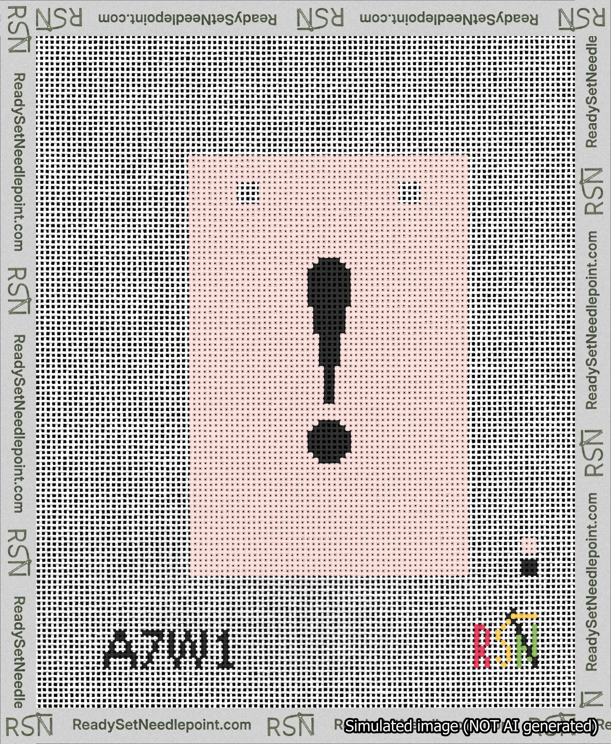 A taped needlepoint canvas with the design: Banner 13 mesh count Squared Exclamation Black on Pink.