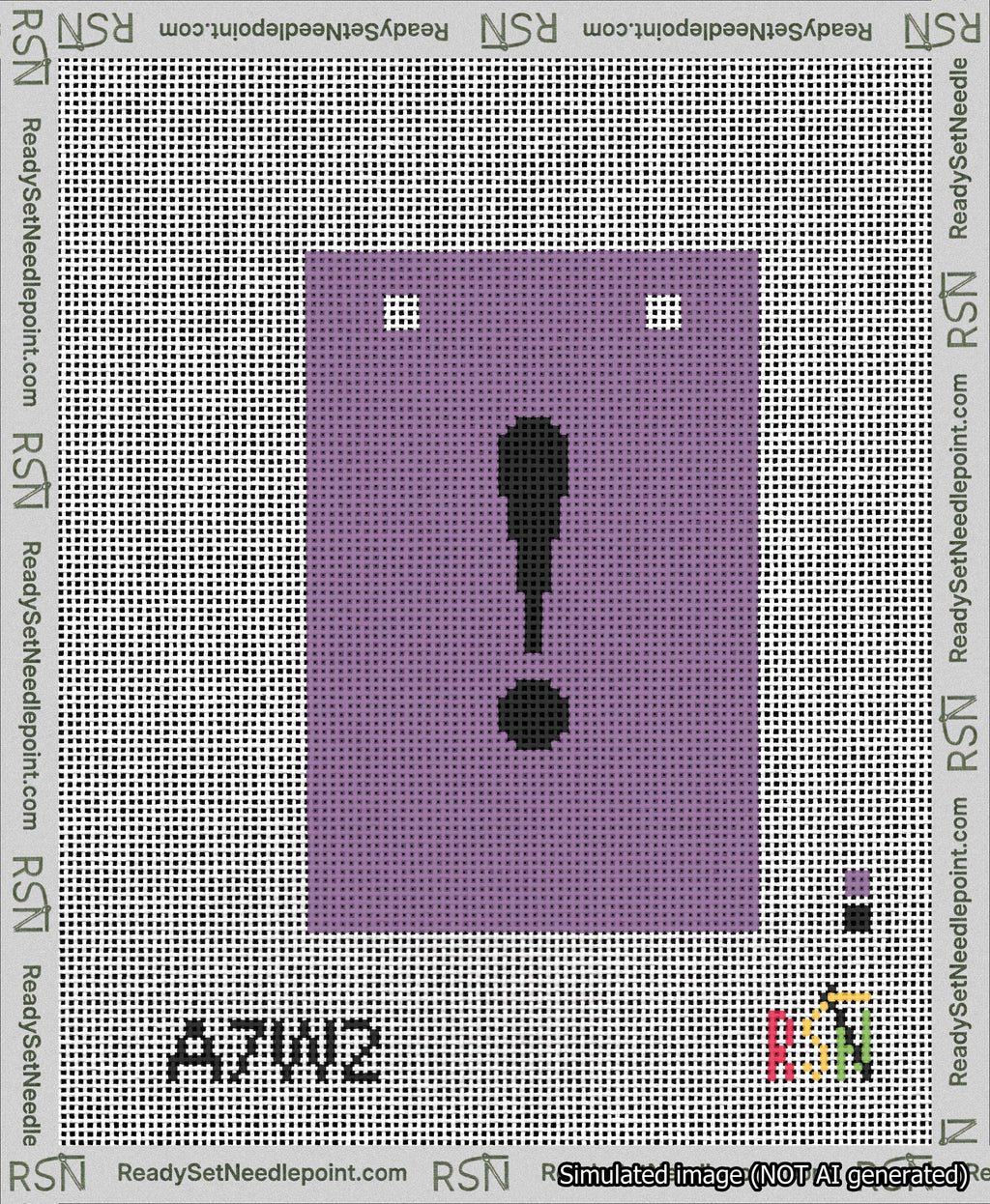 A taped needlepoint canvas with the design: Banner 13 mesh count Squared Exclamation Black on Purple.