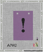 A taped needlepoint canvas with the design: Banner 13 mesh count Squared Exclamation Black on Purple.