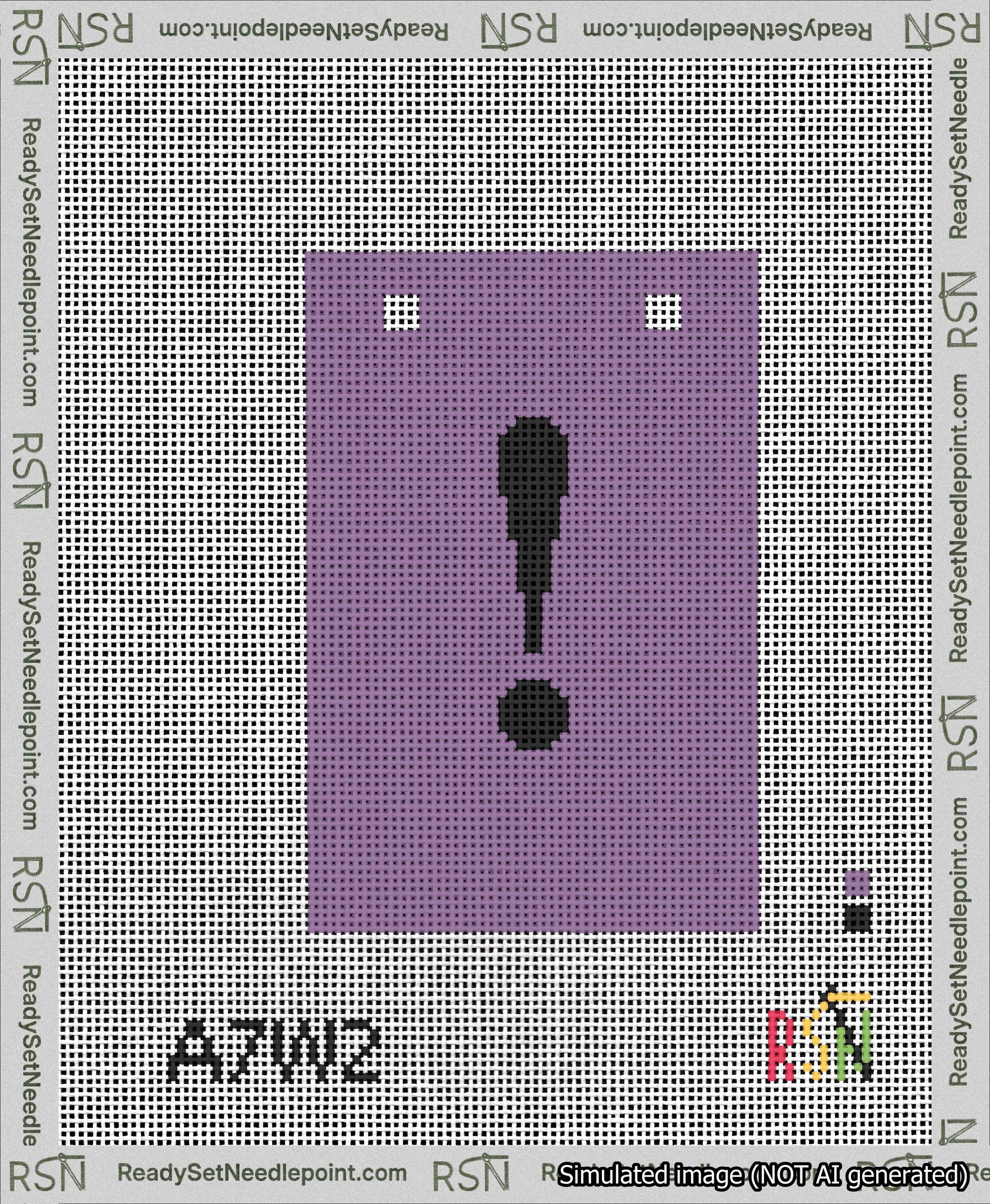 A taped needlepoint canvas with the design: Banner 13 mesh count Squared Exclamation Black on Purple.