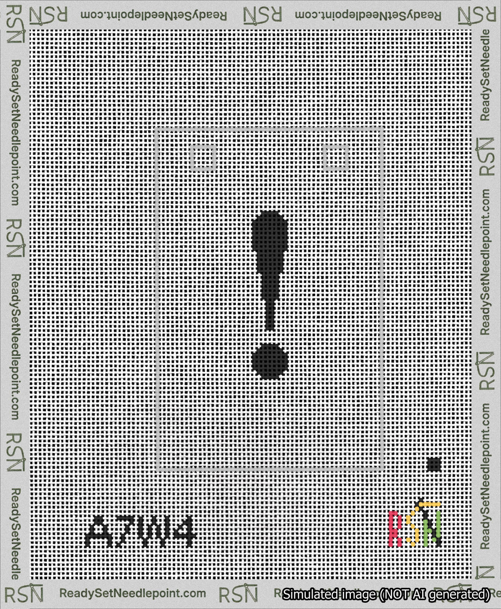 A taped needlepoint canvas with the design: Banner 13 mesh count Squared Exclamation Black on White.