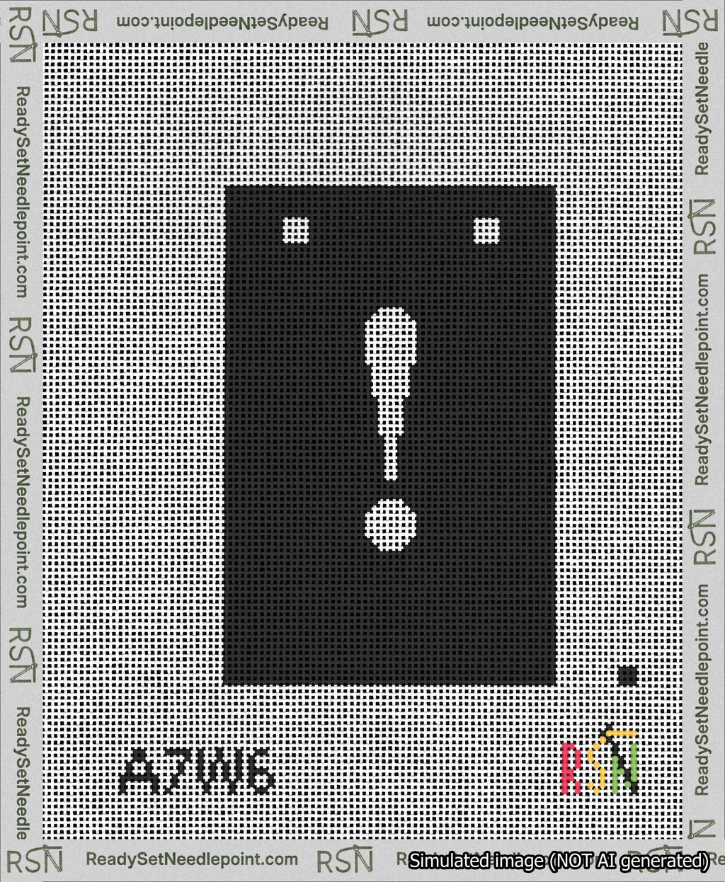 A taped needlepoint canvas with the design: Banner 13 mesh count Squared Exclamation White on Black.