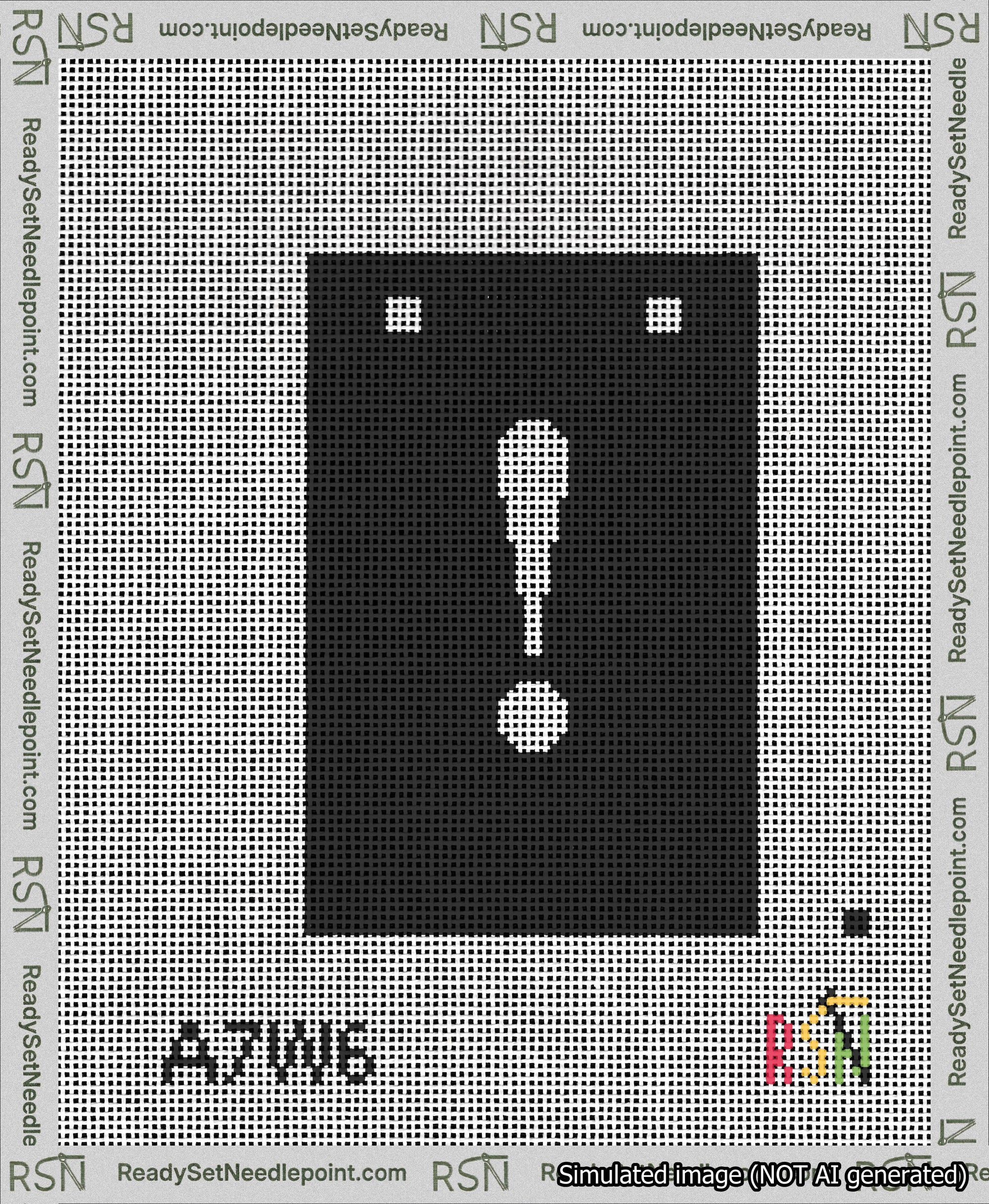 A taped needlepoint canvas with the design: Banner 13 mesh count Squared Exclamation White on Black.