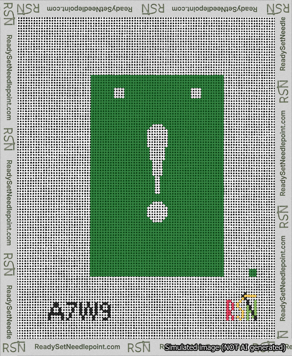 A taped needlepoint canvas with the design: Banner 13 mesh count Squared Exclamation White on Green.