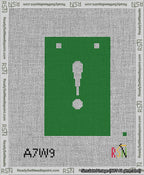 A taped needlepoint canvas with the design: Banner 13 mesh count Squared Exclamation White on Green.