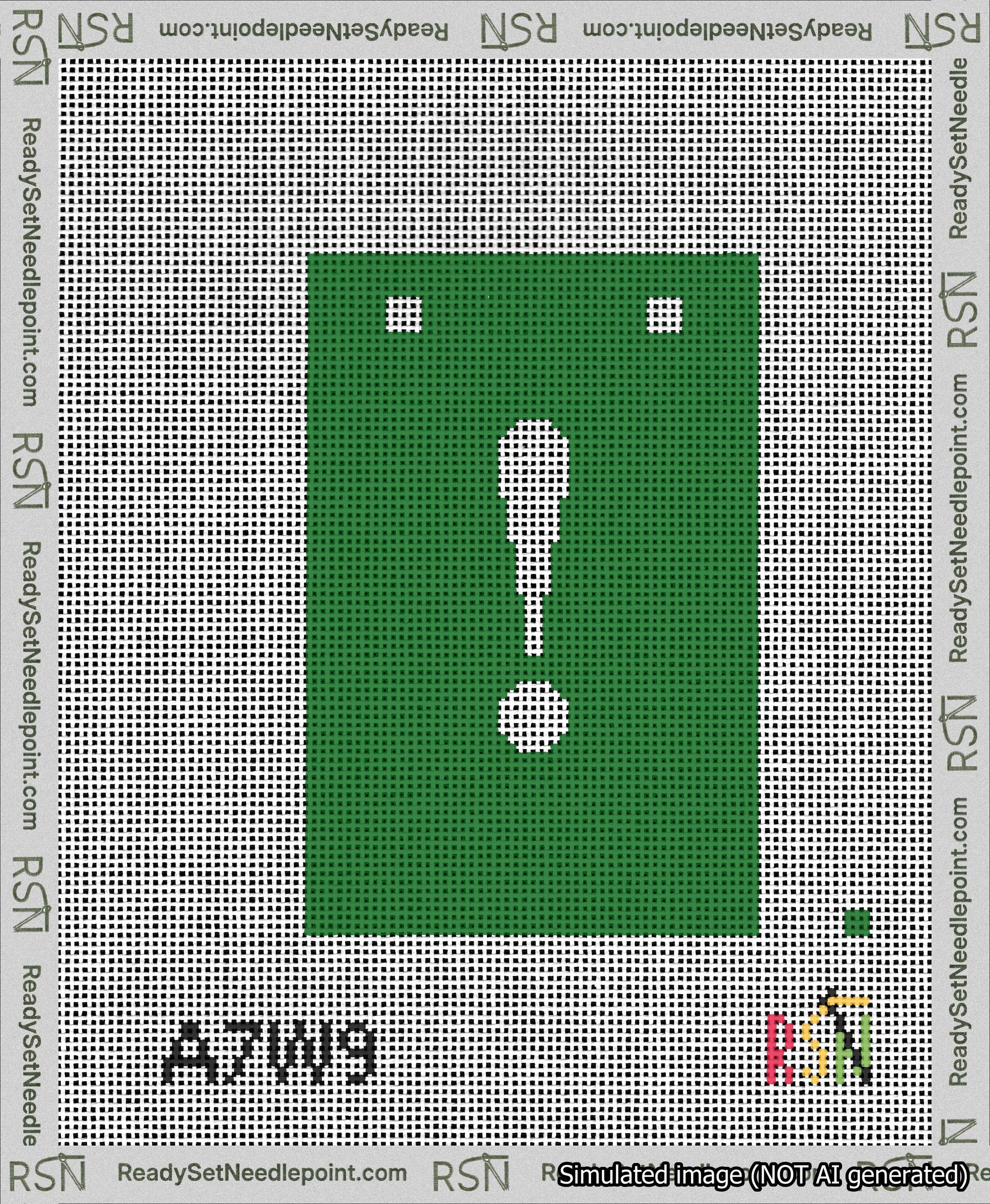 A taped needlepoint canvas with the design: Banner 13 mesh count Squared Exclamation White on Green.