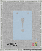 A taped needlepoint canvas with the design: Banner 13 mesh count Squared Exclamation White on Light Blue.