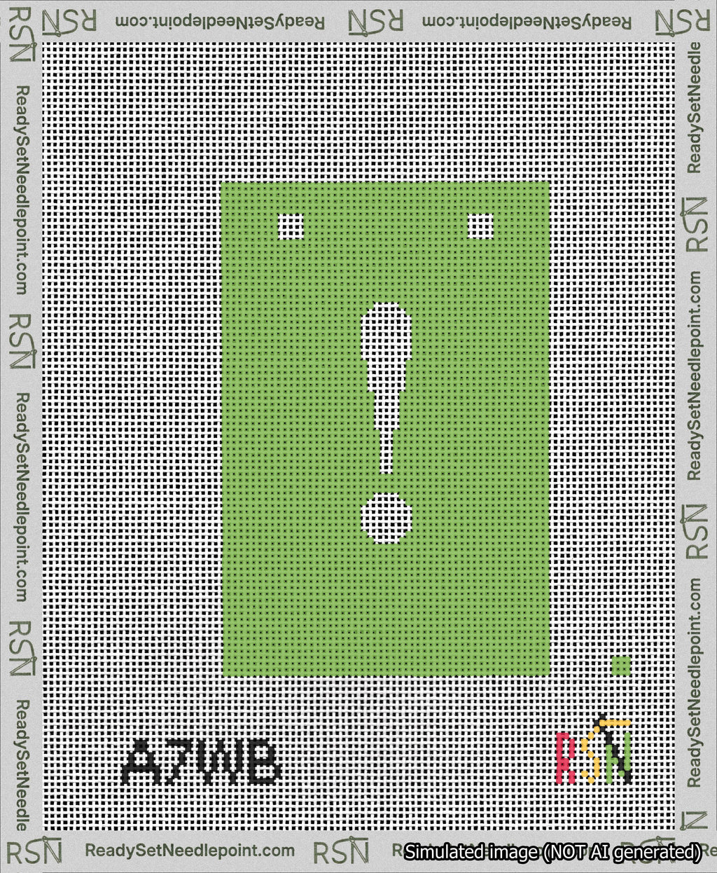 A taped needlepoint canvas with the design: Banner 13 mesh count Squared Exclamation White on Light Green.