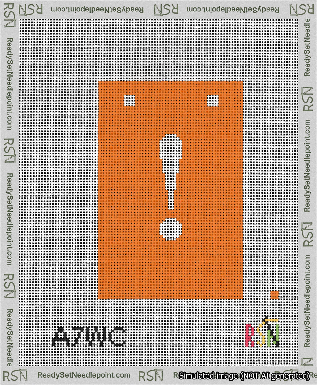 A taped needlepoint canvas with the design: Banner 13 mesh count Squared Exclamation White on Orange.