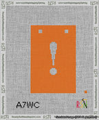 A taped needlepoint canvas with the design: Banner 13 mesh count Squared Exclamation White on Orange.