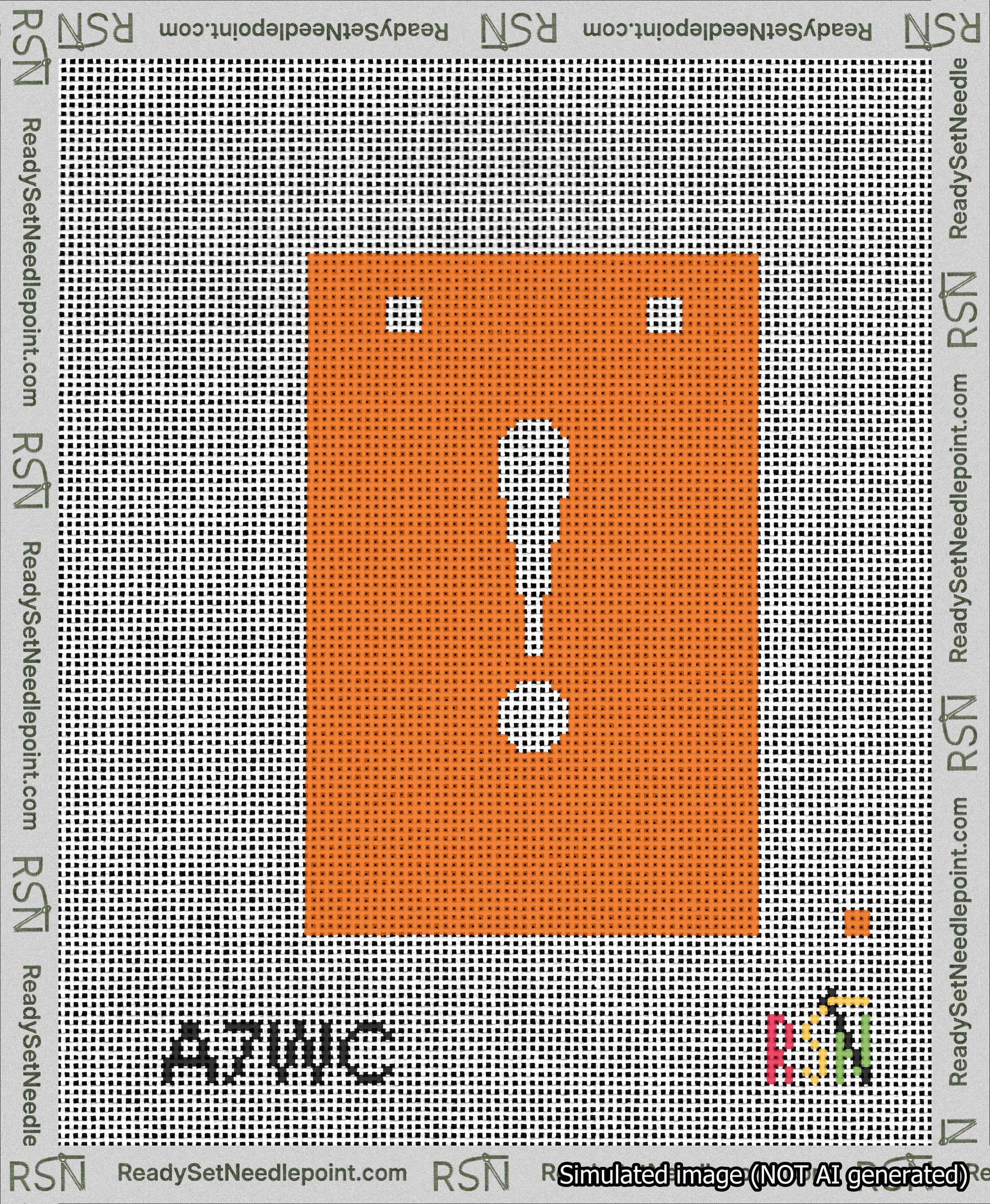 A taped needlepoint canvas with the design: Banner 13 mesh count Squared Exclamation White on Orange.