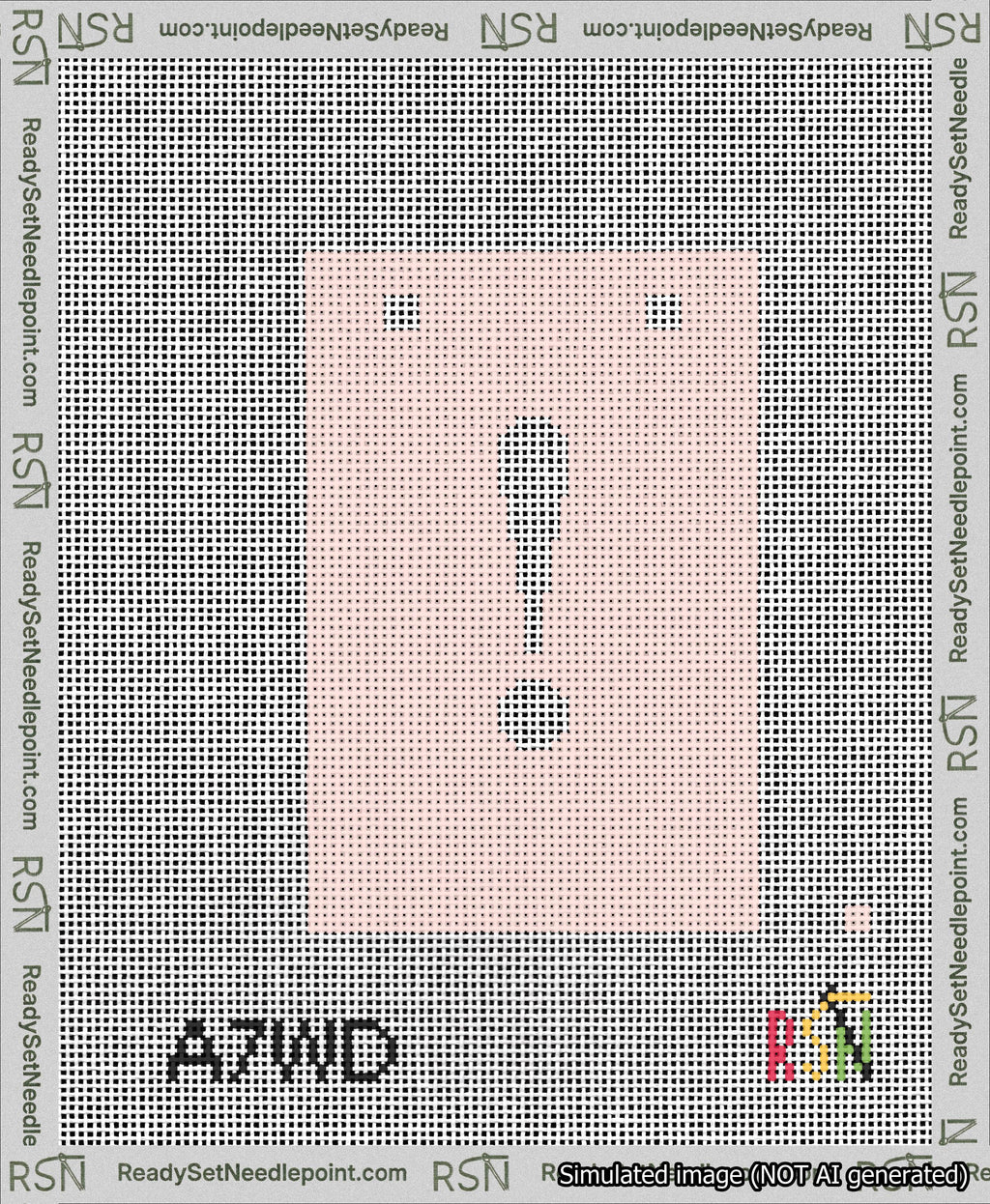 A taped needlepoint canvas with the design: Banner 13 mesh count Squared Exclamation White on Pink.