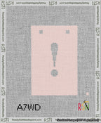 A taped needlepoint canvas with the design: Banner 13 mesh count Squared Exclamation White on Pink.