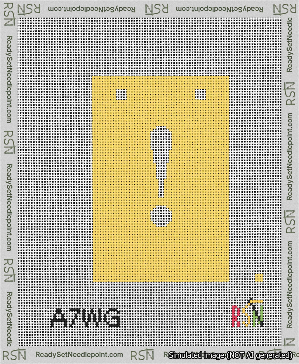 A taped needlepoint canvas with the design: Banner 13 mesh count Squared Exclamation White on Yellow.